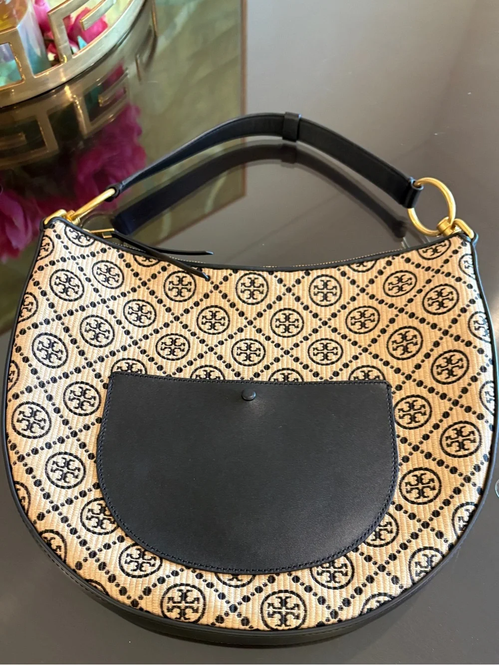 Tory Burch Raffia Woven Logo Half Moon Purse Shoulder Bag